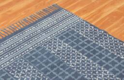 Indigo Blue Cotton Kilim Rug, Hand Block Printed Flatweave Area Boho Runner Rug With Tassels, Modern Farmhouse - thumbnail 1