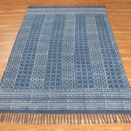 Indigo Blue Cotton Kilim Rug, Hand Block Printed Flatweave Area Boho Runner Rug With Tassels, Modern Farmhouse - thumbnail 2