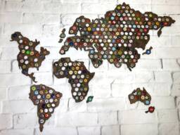 Wooden Beer Cap World Map Wall Decor For Collectors, Gift Travel Lovers, Large Office - thumbnail 1
