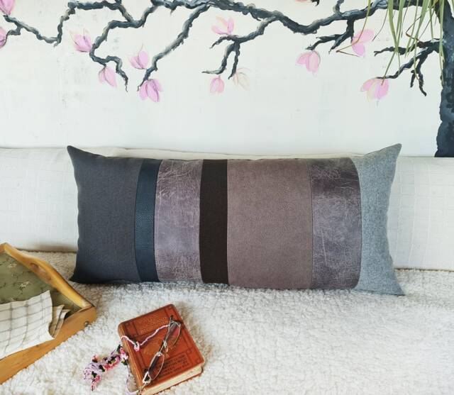 Segmented Faux Leather Lumbar Pillow Cover Sustainable Cotton Design - 16x32 Inch - image 1