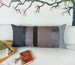 Segmented Faux Leather Lumbar Pillow Cover Sustainable Cotton Design - 16x32 Inch - thumbnail 1