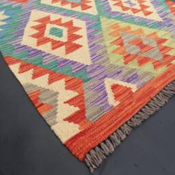 Kilim Runner Rug, Handmade Artisan Afghan Turkish Aztec Natural Wool Rug 386x80 cm - thumbnail 2