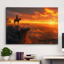 Majestic Sunset Cowboy Canvas Art - Western Landscape Wall Decor Framed Horseback Rider Print Perfect For Home Or Office Ready To Hang