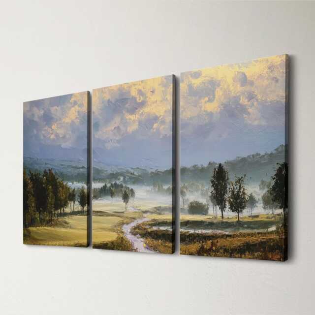 Mountain Golf Course 3 Panel Split Canvas Wall Art Scenic Landscape Painting Clubhouse Decor Oil Framed Home - image 1