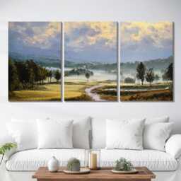 Mountain Golf Course 3 Panel Split Canvas Wall Art Scenic Landscape Painting Clubhouse Decor Oil Framed Home - thumbnail 2