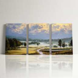 Mountain Golf Course 3 Panel Split Canvas Wall Art Scenic Landscape Painting Clubhouse Decor Oil Framed Home - thumbnail 3