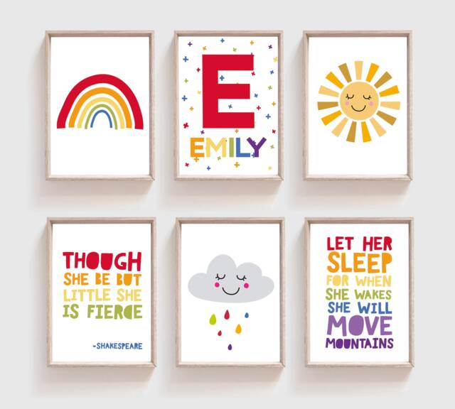 6 Girls Nursery Prints, Rainbow Wall Art, Bedroom Decor, Playroom Prints - image 1