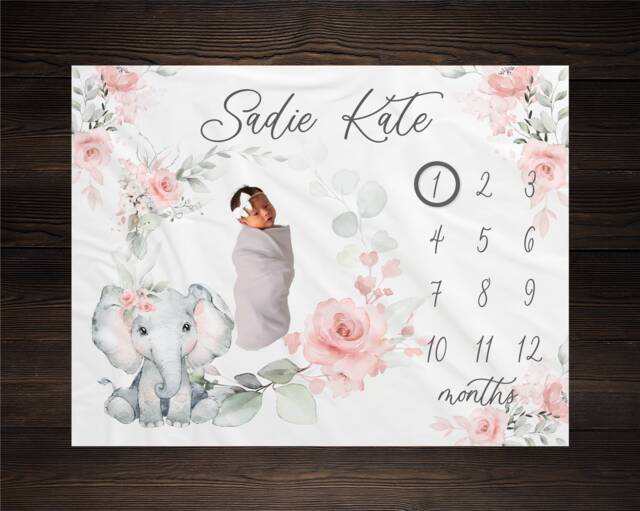 Elephant Milestone Blanket, Baby Month Girl Blanket Track Growth Keepsake Shower Gift Rose Floral Gm01 - image 1