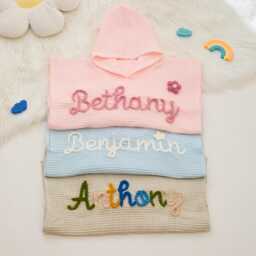 Personalized Hand-Crocheted Name Hooded Baby Towel, Custom Flower Birthday Gift For Toddler Girl
