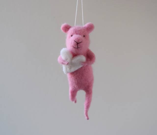 Pink Needle Felted Bear Holding White Heart, Mobile, Needle Feled Miniature, Baby Crib Mobile, Nursery Decor - image 1