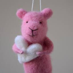 Pink Needle Felted Bear Holding White Heart, Mobile, Needle Feled Miniature, Baby Crib Mobile, Nursery Decor - thumbnail 2
