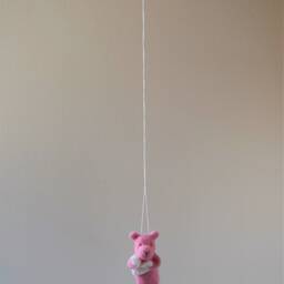 Pink Needle Felted Bear Holding White Heart, Mobile, Needle Feled Miniature, Baby Crib Mobile, Nursery Decor - thumbnail 4