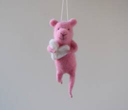 Pink Needle Felted Bear Holding White Heart, Mobile, Needle Feled Miniature, Baby Crib Mobile, Nursery Decor