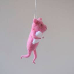 Pink Needle Felted Bear Holding White Heart, Mobile, Needle Feled Miniature, Baby Crib Mobile, Nursery Decor - thumbnail 3