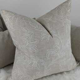 John Lewis & Partners Acanthus Fabric Cushion Cover Crewel Embroidered Greige/Beige Pillow Throw Cover Country Home - thumbnail 3