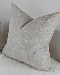 John Lewis & Partners Acanthus Fabric Cushion Cover Crewel Embroidered Greige/Beige Pillow Throw Cover Country Home - thumbnail 1