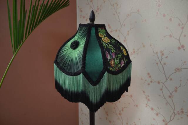 Hand-stitched Night Safari Lampshade Black Floral Print, Ombre Fringe - Etsy - image 1