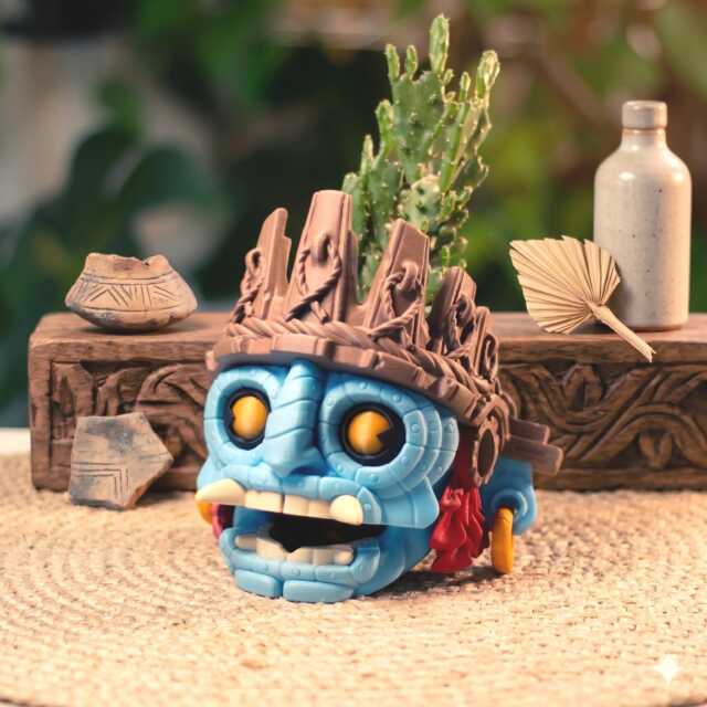 Aztec Face Planter - Quirky Succulent Pot Blue Tribal Mask Head Unique Mayan Decor Small Cactus Holder Desk Accessory - image 1