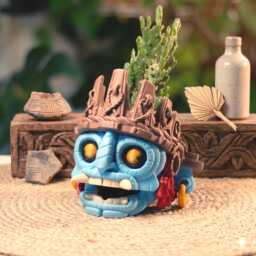 Aztec Face Planter - Quirky Succulent Pot Blue Tribal Mask Head Unique Mayan Decor Small Cactus Holder Desk Accessory - thumbnail 1