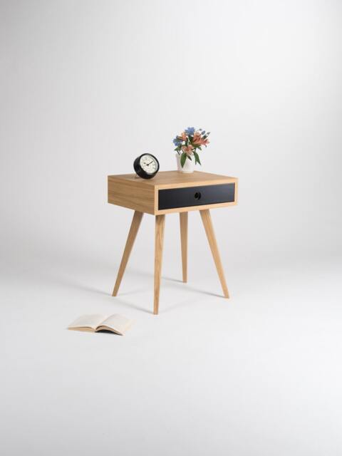 Mid Century Modern Oak Nightstand - Black Drawer Bedside Table - image 1