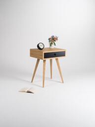 Mid Century Modern Oak Nightstand - Black Drawer Bedside Table - thumbnail 1