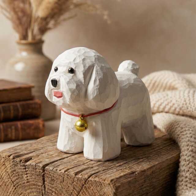 Hand Carved White Bichon Frise Wood Figurine, Cute Poodle Dog Statue With Gold Bell, Rustic Wooden Puppy Decor, Pet Lover Gift - image 1