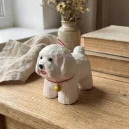 Hand Carved White Bichon Frise Wood Figurine, Cute Poodle Dog Statue With Gold Bell, Rustic Wooden Puppy Decor, Pet Lover Gift - thumbnail 4