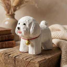 Hand Carved White Bichon Frise Wood Figurine, Cute Poodle Dog Statue With Gold Bell, Rustic Wooden Puppy Decor, Pet Lover Gift