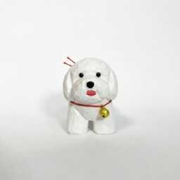 Hand Carved White Bichon Frise Wood Figurine, Cute Poodle Dog Statue With Gold Bell, Rustic Wooden Puppy Decor, Pet Lover Gift - thumbnail 3