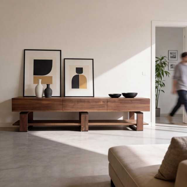 Solid Walnut Tv Unit - Modern Minimalist Media Console With Drawers Scandinavian Japanese Style Sideboard - image 1