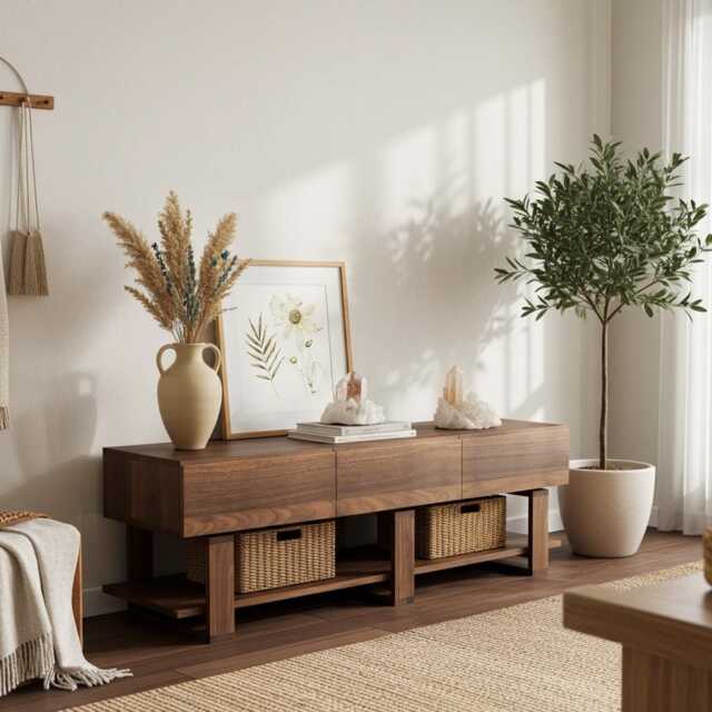 Solid Walnut Tv Unit - Modern Minimalist Media Console With Drawers & Shelf Scandinavian & Japanese Inspired Bodhi Range - image 1