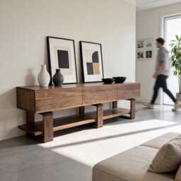 Solid Walnut Tv Unit - Modern Minimalist Media Console With Drawers Scandinavian Japanese Style Sideboard - thumbnail 3