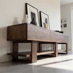 Solid Walnut Tv Unit - Modern Minimalist Media Console With Drawers Scandinavian Japanese Style Sideboard - thumbnail 2