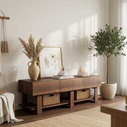 Solid Walnut Tv Unit - Modern Minimalist Media Console With Drawers & Shelf Scandinavian & Japanese Inspired Bodhi Range - thumbnail 1