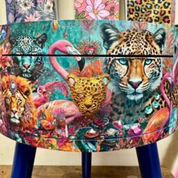 Leopard & Flamingo Bedside Table, Teal Pink Blue Jewel Design Nightstand, Cheetah With Cobalt Legs , Gold End Table - thumbnail 3