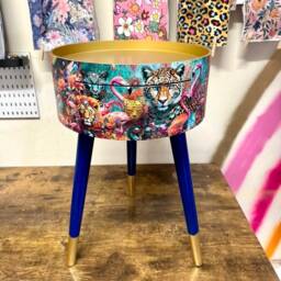 Leopard & Flamingo Bedside Table, Teal Pink Blue Jewel Design Nightstand, Cheetah With Cobalt Legs , Gold End Table
