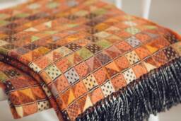 Orange Ochre Multicolour Extra Fine Merino Lambswool Checkered Pattern Wool Throw Plaid Blanket With Fringes Aztec Bohemian - thumbnail 1