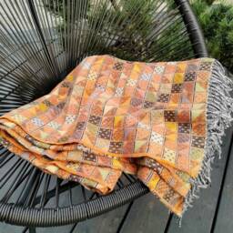 Orange Ochre Multicolour Extra Fine Merino Lambswool Checkered Pattern Wool Throw Plaid Blanket With Fringes Aztec Bohemian - thumbnail 3