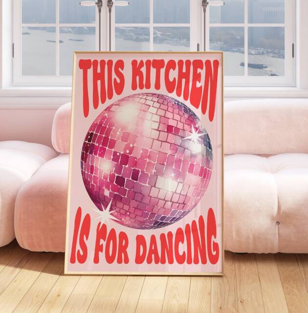 This Kitchen Is For Dancing Print, Pink Disco Ball, Retro Poster, Trendy Wall Art, Prints, Decor, Poster 2029 - image 1