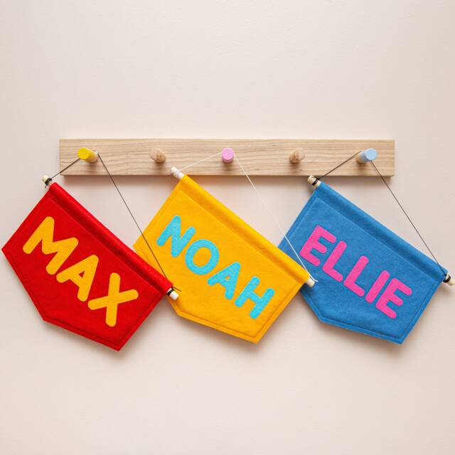 Custom Colourful Name Banner. Personalised Felt Nursery Flag. Bold Kids Room Wall Hanging - image 1