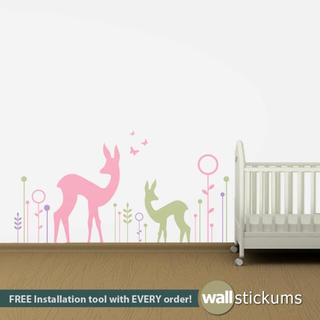 Deer & Flowers Nursery Wall Decal - Removable Vinyl Art Sticker - image 1