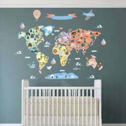 Kids World Map Wall Decal, Nursery Animals, Educational Sticker - thumbnail 1