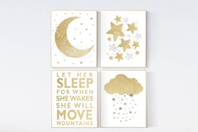 Gold Moon & Stars Nursery Art Print Gender Neutral Decor - image 1