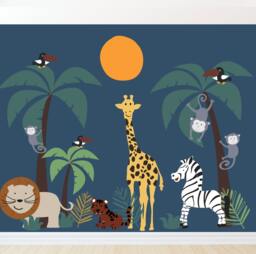 Wall Decal Palm Tree Safari Themed Animals Large Wall Stickers For Bedrooms Tropical Decor Jungle Mural Nursery - thumbnail 1