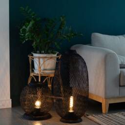 Black Bamboo Rattan Floor Lamp - Handmade Woven Rustic Lantern Light - thumbnail 2