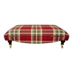 Extra Large Footstool - Balmoral Red Tartan Fabric Dark Wood Brass Castor Legs - thumbnail 2