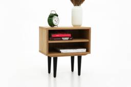 Nightstand With Open Shelf in Mid-Century Modern Style Made Of Oak Vaneer, Bedside Table Livlo D-P06