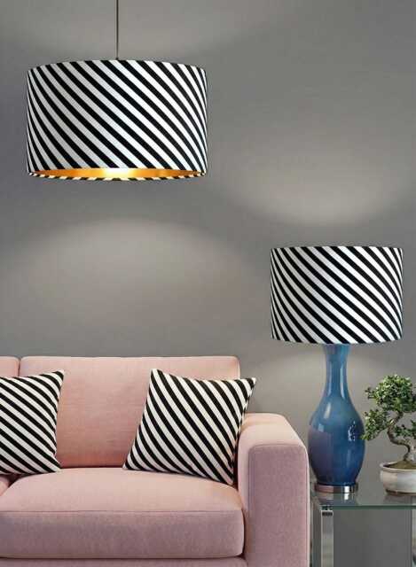 Handmade By Order Black White Diagonal Strips Lining Print On Velvet Drum Lamp Shade Pendant Light All Shapes & Sizes Available - image 1