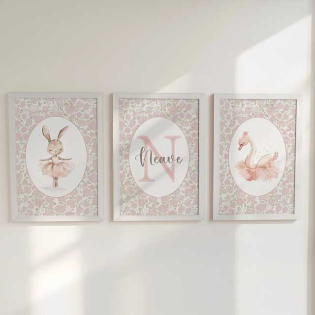 Set Of 3 Personalised Girls Nursery Prints, Floral Ballet Roses Name Poster, Pink Dance Decor Wall Art For Nursery, Bedroom Or Playroom - image 1