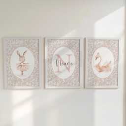 Set Of 3 Personalised Girls Nursery Prints, Floral Ballet Roses Name Poster, Pink Dance Decor Wall Art For Nursery, Bedroom Or Playroom - thumbnail 1